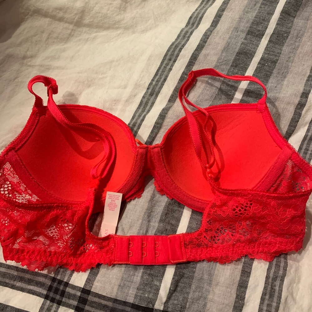 Bright red lace bra